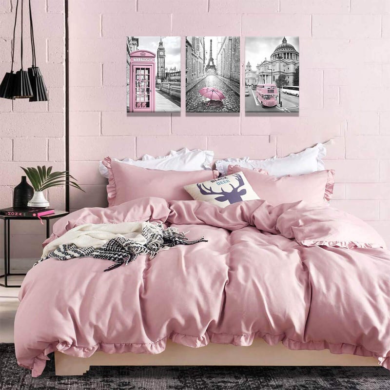 KAKEMONO Paris Eiffel Tower Decor for Bedroom Girls - Pink Paris Theme Room Wall Art Canvas - Black and White Eiffel Tower Pictures - London Big Ben Tower Painting Framed - Image 2